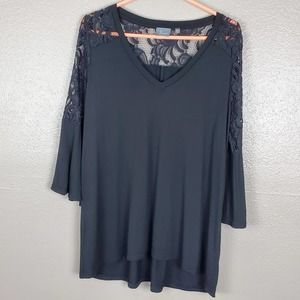 Strazzi Black Lace Embellished Bell Sleeve V-Neck Hi-Lo Tunic L